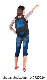 Back View Pointing Woman With Backpack Looking Up.Rear View People Collection.  Backside View Person. Isolated Over White Background. Pretty Girl In Stands With Suitcase And Looking At Something