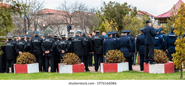 Back View Of Policemen Participating In The Celebration Of National Day In The City Square. Row Of Policemen Stands With Their Backs Turned. Romanian Police. Romania, January 24, 2021