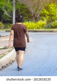 Back View Portrait Of A Asian Elderly Woman Walking And Jogging For Good Health In Public Park. Senior Jogger In Nature.  Older Female Enjoying Peaceful Nature. Healthcare Concept