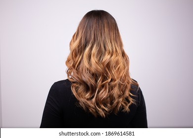 Back View Portrait Of Beautiful Curly Dark Blonde Woman Wearing Black Sweater. Degradé Joelle Effect, Balayage Similar