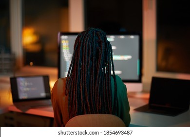 Back view portrait of female IT developer writing code on multiple computer screens while working late in dark office, copy space