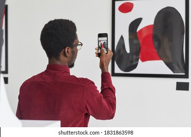 Back view portrait of young African-American man taking photo of painting via smartphone at contemporary art gallery exhibition, copy space