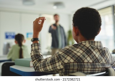 Back View Portrait Of Young Black Boy Raising Hand In Class And Answering Questions, Copy Space