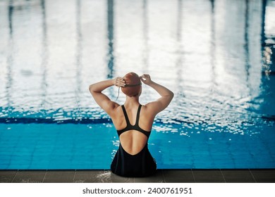 Back view of a professional swimmer sitting near pool and adjusting her swimming goggles before training. - Powered by Shutterstock