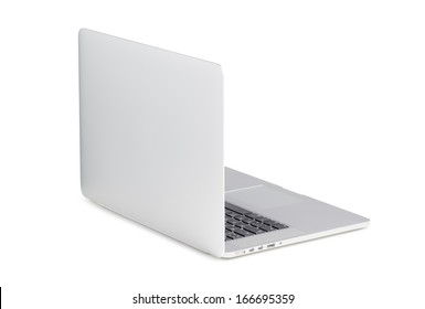 Back View Of A Rotated At A Slight Angle Modern Laptop Isolated On White Background. High Quality.