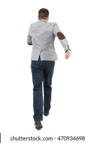 Back View Of Running Business Man. Walking Guy In Motion. Rear View People Collection. Backside View Of Person. Isolated Over White Background. The Bearded Man In A Gray Jacket Jump.