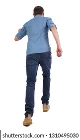 Back View Of Running  Man. Backside View Of Person.  Rear View People Collection. Isolated Over White Background. A Man In A Short Sleeve Shirt Quickly Runs Off Into The Distance.