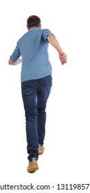 Back View Of Running  Man. Backside View Of Person.  Rear View People Collection. Isolated Over White Background. Stylish Guy In A Shirt With Short Sleeves Runs Forward Waving His Arms.