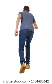 Back View Of Running Man. Backside View Of Person. Rear View People Collection. The Guy In The Shoes Runs Low Crouching. Isolated Over White Background.