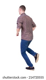 Back View Of Running Man In Brown Shirt. Walking Guy In Motion. Rear View People Collection. Backside View Of Person. Isolated Over White Background.