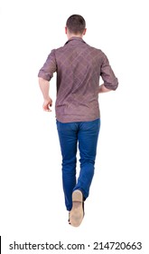 Back View Of Running Man In Brown Shirt. Walking Guy In Motion. Rear View People Collection. Backside View Of Person. Isolated Over White Background.