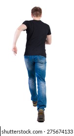 Back View Of Running Man In Brown Shirt. Walking Guy In Motion. Rear View People Collection. Backside View Of Person. Isolated Over White Background. Man Escapes Strides.