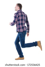 Back View Of Running Man In Checkered Shirt. Walking Guy In Motion. Rear View People Collection.  Backside View Of Person. Isolated Over White Background.