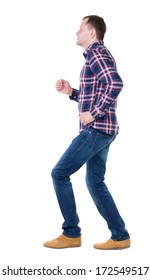 back view of running man in checkered shirt. walking guy in motion. Rear view people collection.  backside view of person. Isolated over white background.