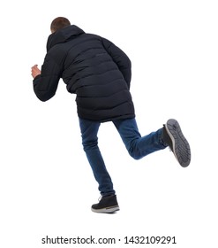 Back View Of A Running Man In Winter Jacket. Backside View Of Person. Rear View People Collection. Isolated Over White Background.