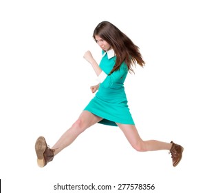 Back View Of Running  Woman. Beautiful Girl In Motion. Backside View Of Person.  Rear View People Collection. Isolated Over White Background. Purposeful Girl In Broad Jump