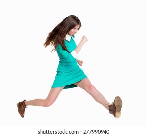 Back View Of Running  Woman. Beautiful Girl In Motion. Backside View Of Person.  Rear View People Collection. Isolated Over White Background. Purposeful Girl In Broad Jump