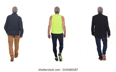 back view of same men with various outfits walking on white background - Powered by Shutterstock