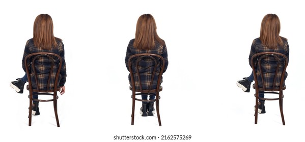 Back View Of Same Women Sitting On Chair On White Background