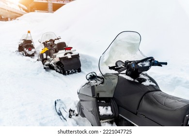 Back View Scene Many Modern Snow Mobile Scooter Atv Vehicle Forest Road Against Woods On Cold Snowy Winter Day. Snowmobile Rental Sport Adventure Trip Service. Arctic Nordic Snow Sledge Transport