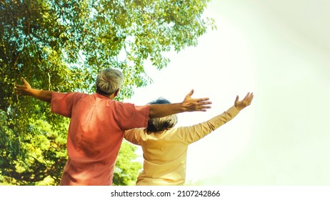 Back View Senior Couple Facing The Bright Sky, Arms Wide Open, Breathing Oxygen And Clean Ozone, Enjoying Nature And Green Trees For Good Health In Old Age : Health Care And Positive Attitude Concept.