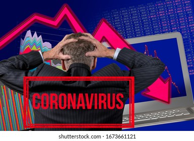 Back View Of Senior Man Worried By Financial Crisis And Collapse Of Retirement Savings In Stock Exchange Due To Coronavirus