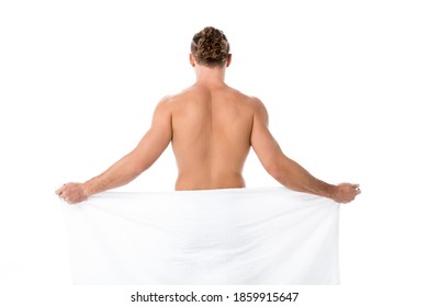 Back View Of Sexy Shirtless Man In Towel Posing Isolated On White