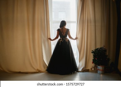 Back View Sexy Woman In Black Gown Backdrop Window. Outfit Image New Year's Party. Evening Fashion Design Dress.