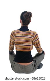 Back View Of Sitting Young Woman Looks Afar. Rear View. Isolated Over White Background.