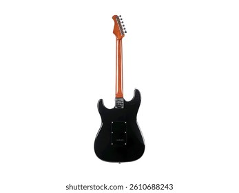 Back view of a sleek black electric guitar with a light-colored neck and headstock, showcasing its hardware and glossy finish.