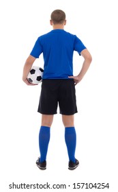 Back View Of Soccer Player In Blue Uniform Isolated On White Background