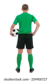 Back View Of Soccer Player In Green Uniform Isolated On White Background