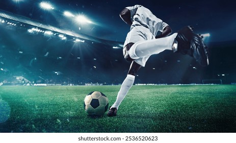 Back view of soccer player in white uniform in motion on open air arena with flashlights, controlling the ball during intense game. 3D render of stadium. Sport, tournament, competition, match concept