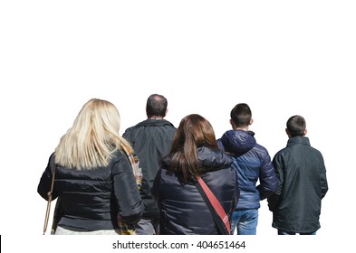 Back View Of Some People Watching Something In The Street. Crowd. Spectators Isolated Over White