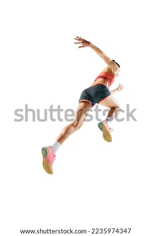 Back view. Sportive muscled woman, professional runner running away isolated on white background. Sport, fitness, competition, speed and active lifestyle. Copy space for ad