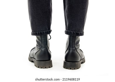 Back View Of Standing Woman Wearing Combat Boots. Isolated On White Background