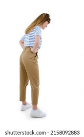 Back View Of Standing Young Beautiful Woman, Girl Watching. Rear View People Collection. Backside View Of Person. Slim Blonde Interest Looking Down. Full Length