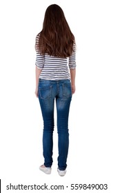back view of standing young beautiful  brunette woman. girl  watching. Rear view people collection.  backside view of person.  Isolated over white background. 