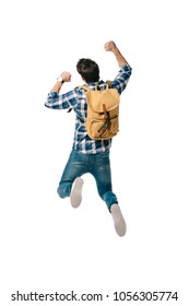 Back View Of Student Jumping With Backpack Isolated On White