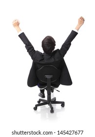 Back View Of Successful Excited Business Man Sitting In Chair, Young Businesspeople Smile Raised Hands Arms, Isolated Over White Background, Asian People