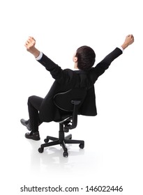 Back View Of Successful Excited Business Man Sitting In Chair, Young Businesspeople Smile Raised Hands Arms, Isolated Over White Background, Asian People