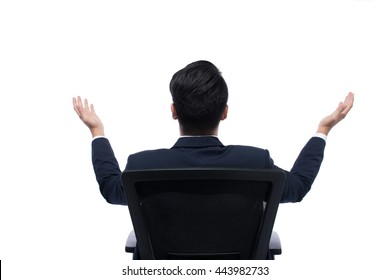 Back View Of Successful Excited Business Man Sitting In Chair, Young Businesspeople Smile Raised Hands Arms, Isolated Over White Background, Asian People