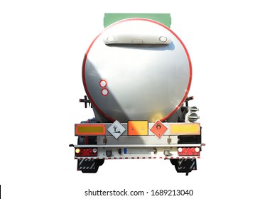 A Back View Of A Tanker, Gas, Or Fuel Truck, Isolated On A White Background. It Is A Motor Vehicle Designed To Carry Liquefied Loads Or Gases On Roads. 