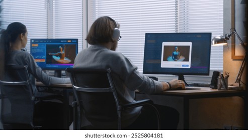 Back view of team of workers using AI generator on computers in office. PC screens showing artificial intelligence chatbot generating text prompt to realistic photo or video content. Automated artwork - Powered by Shutterstock