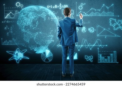 Back view of thoughtful young european businessman using glowing mathematical formulas and globe hologram on blurry blue background. Equation, digital data and mathematics app concept - Powered by Shutterstock - Get 15% off with code: PIKWIZARD15
