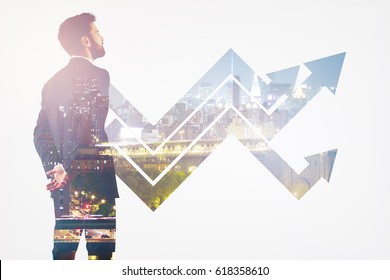 Back View Of Thoughtful Young Man On Abstract City Background With Upward Arrows. Growth Concept. Double Exposure