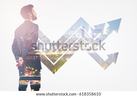 Back view of thoughtful young man on abstract city background with upward arrows. Growth concept. Double exposure