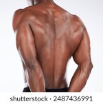 Back view, topless athlete or black man with muscle in studio for health or pose on white background. Bodybuilder, closeup or strong African person ready for training performance or fitness workout