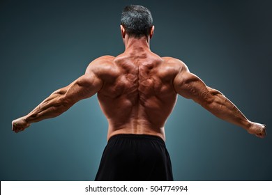 The Back View Of Torso Of Attractive Male Body Builder On Gray Background.