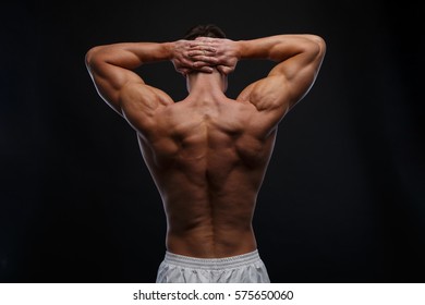 The back view of torso of attractive male body builder on dark background.